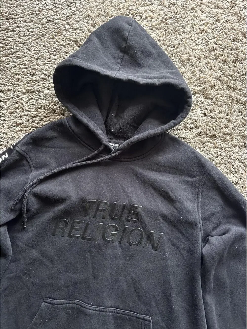 True Religion Silicone Tape Black Spellout Hoodie Pullover Size Small